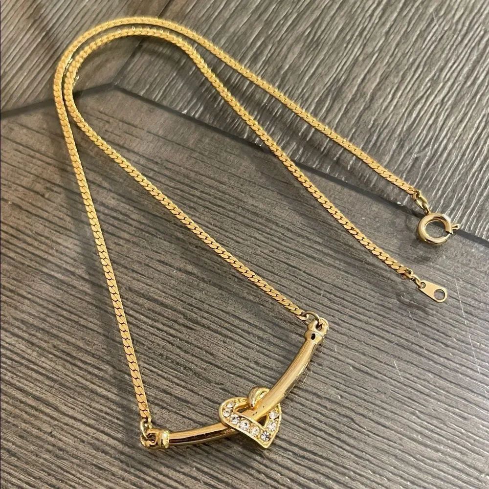 Vintage Twisted Heart Pendant Necklace Crystal Heart on Gold-tone Chain